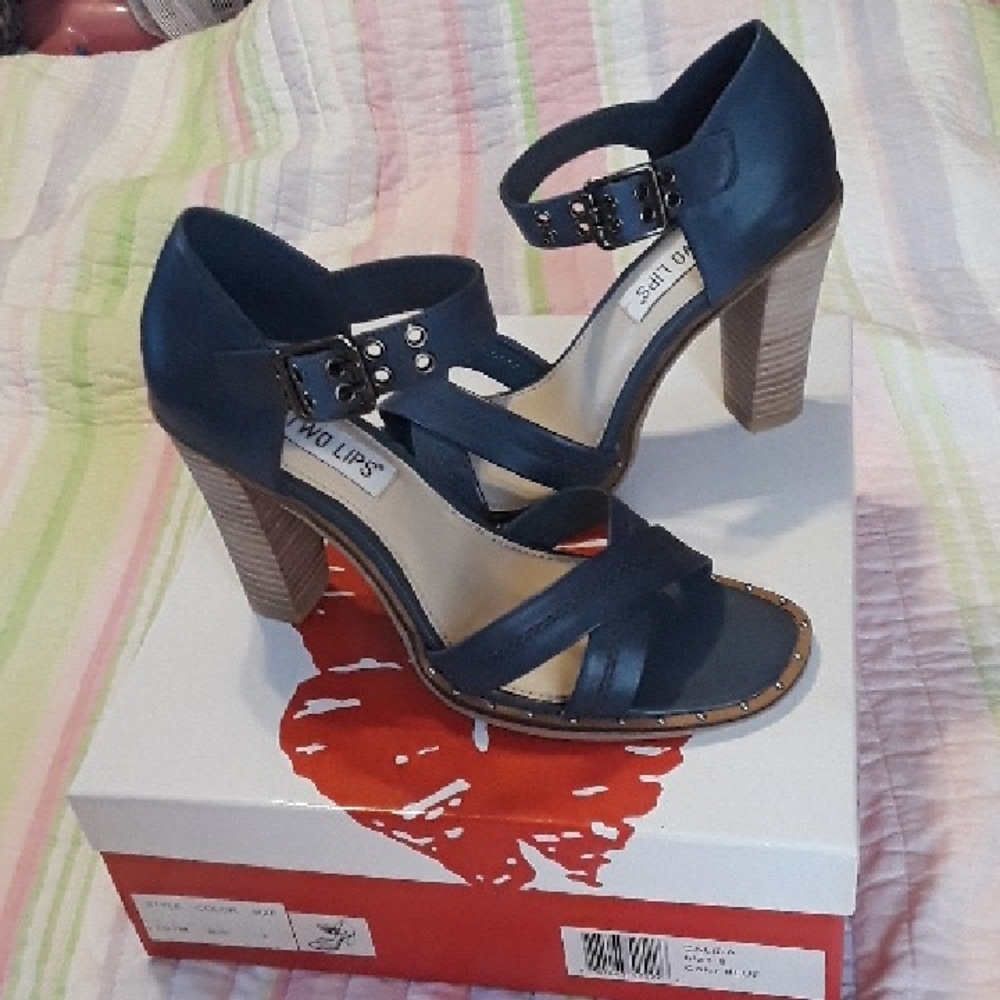 Two Lips Blue Heels with Ankle Strap and Chunky Heel